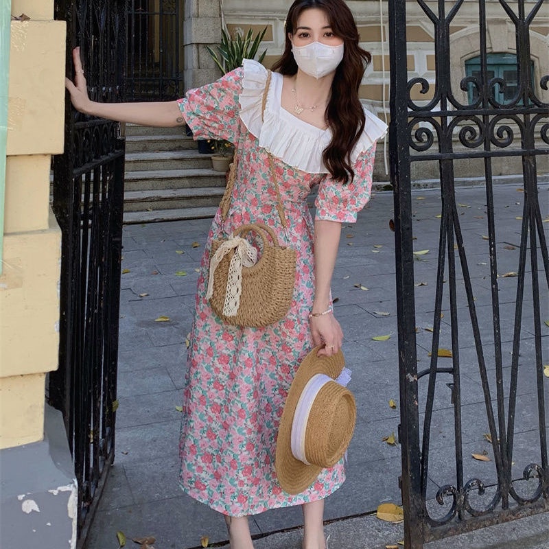 Đầm Hoa Cổ Vuông Tay Phồng Thời Trang Mùa Hè Pháp Kiểu Mới 2022