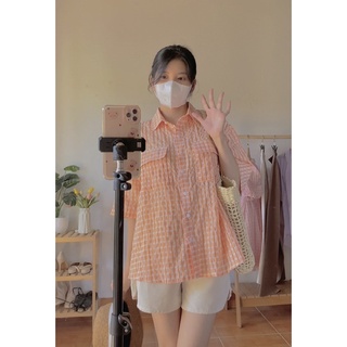Set áo caro quần short kem