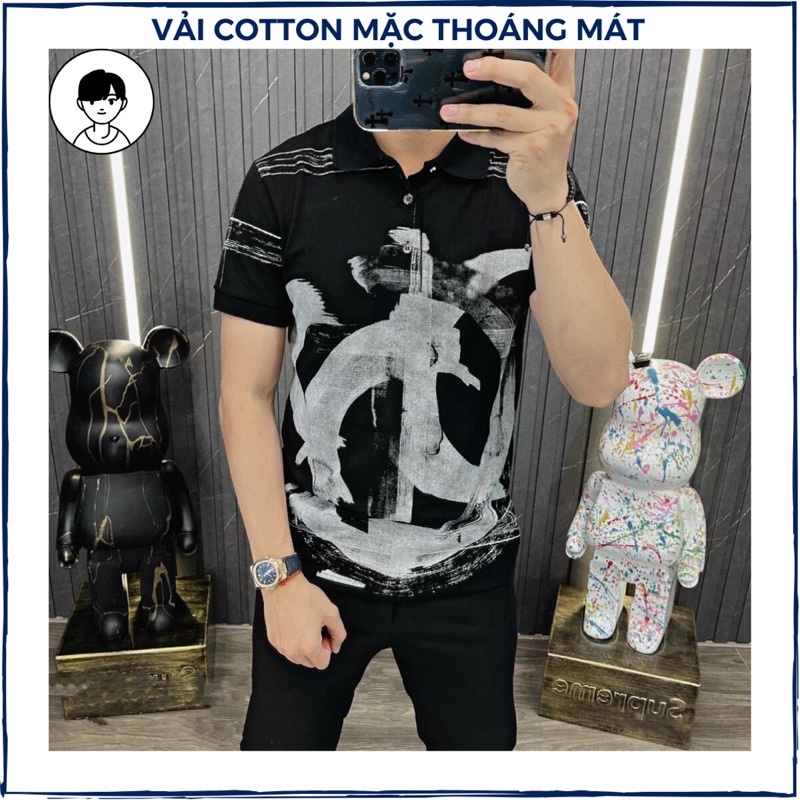 Áo polo nam cao cấp vải cotton không xù lông in hình LV áo thun tay ngắn form chuẩn