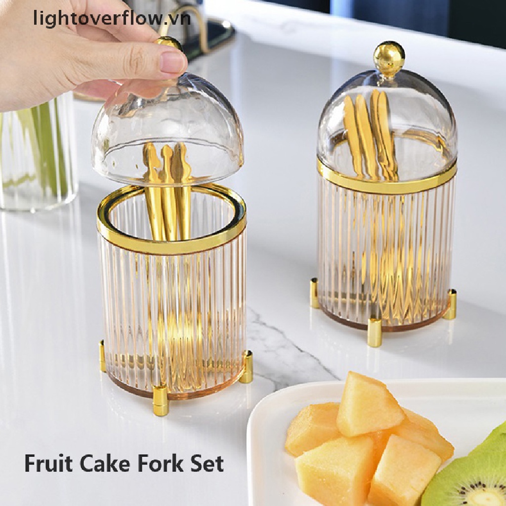 Set 10 Nĩa Ăn Trái Cây / Bánh Tráng Miệng Bằng Thép Không Gỉ Màu Vàng Kèm Hũ Đựng