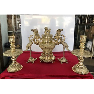 Bộ Ngũ Sự Đĩnh Đồng Tròn LT1 Vĩnh Tiến, Lư Tròn 35cm + Chân Đèn 29cm + Hạc cánh 33cm