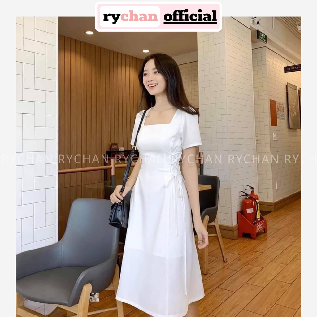 Đầm Xòe Đi Chơi Cổ Vuông Đan Eo Ba Màu Trắng Đen Đỏ - DX820