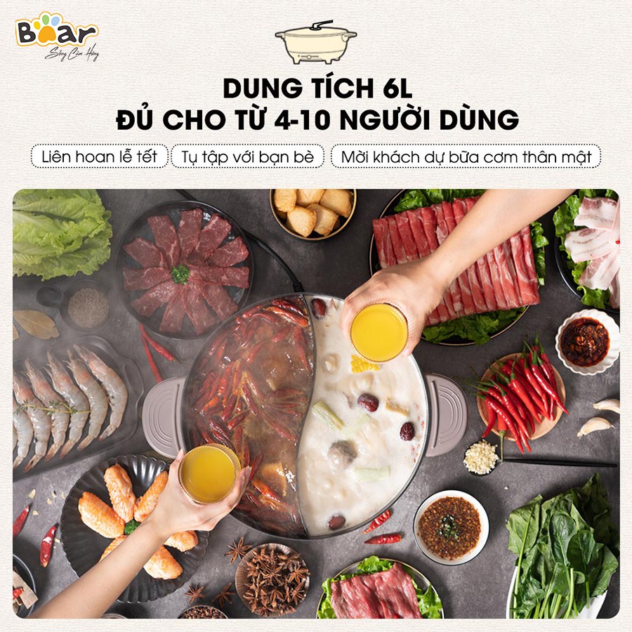 Nồi lẩu uyên ương Bear DHG-B60R6 - Bản Nội Địa Tiếng Trung - Hàng chính hãng