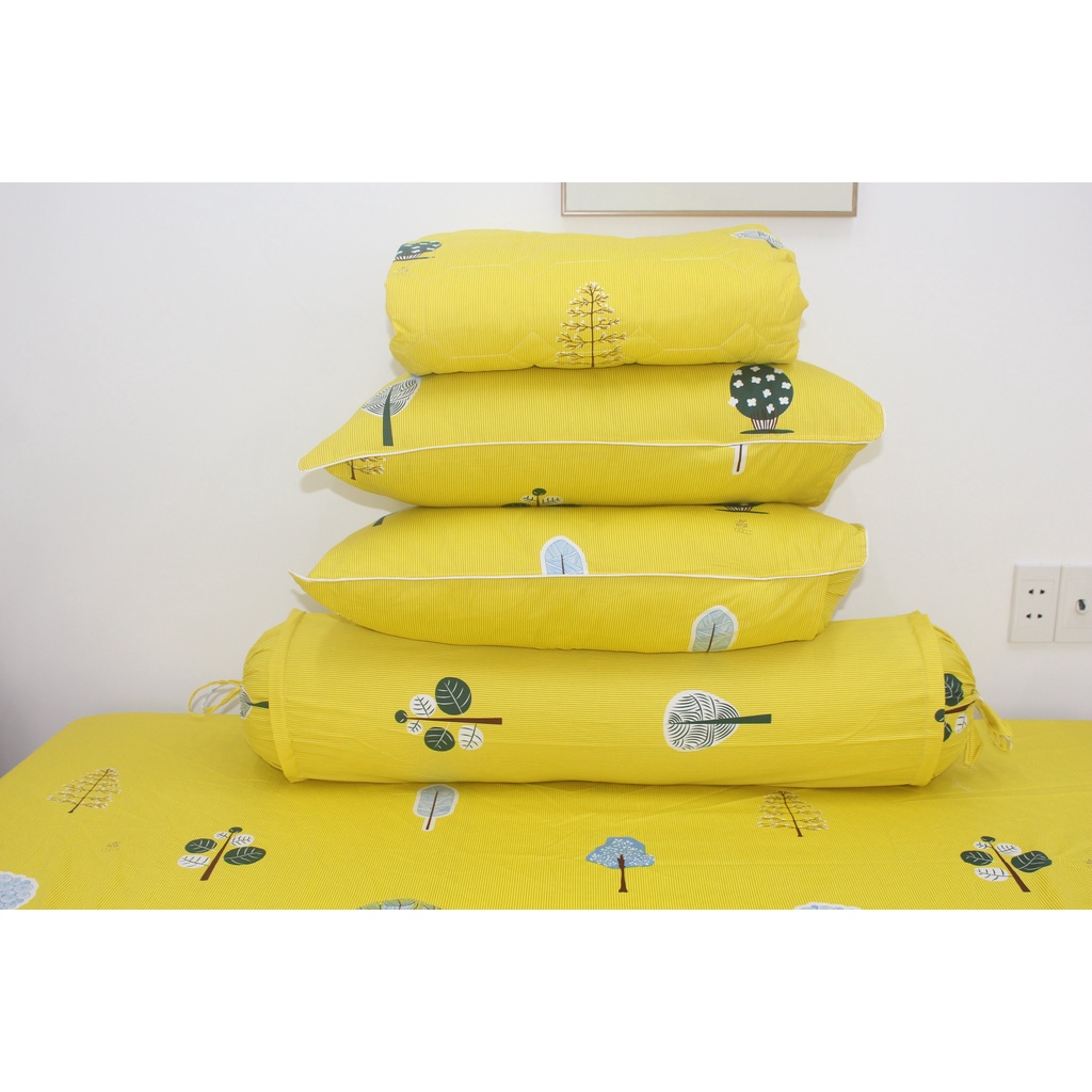 Bộ drap gối 4 món 100% cotton thiên nhiên Kha Ly có in logo trên nền vải- Mẫu Tree Vàng - Hot Trend