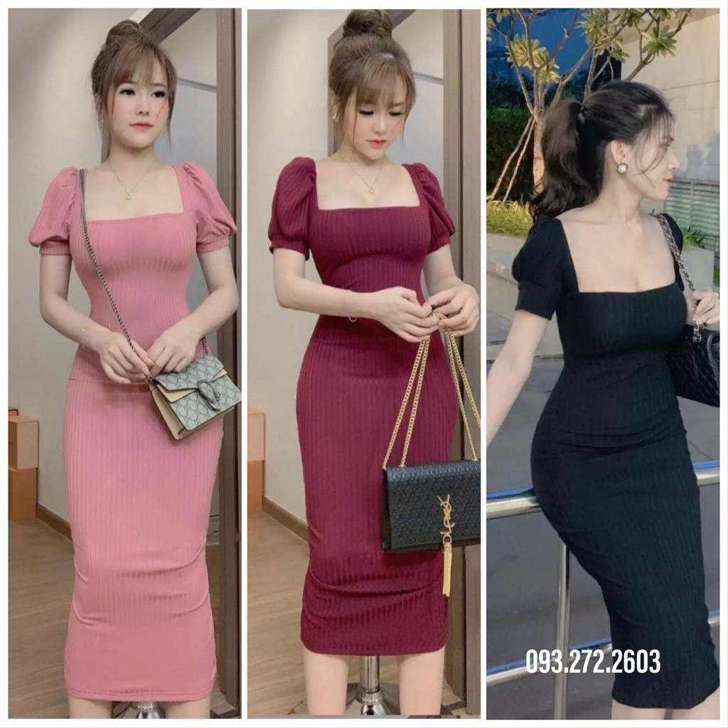 Đầm body tay phồng Cổ vuông
