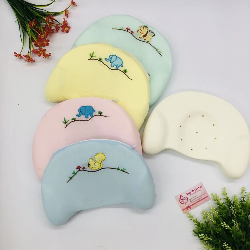 Gối Cao Su Non Chống Méo Đầu cho Bé, Gối Màu Thêu Hình Baby Tâm An