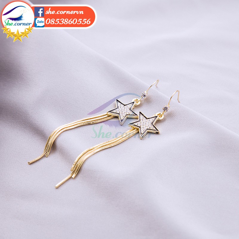 Bông tai hoa tai Hàn Quốc E3389 sao 5 cánh viền đen tua dua dài ánh vàng
