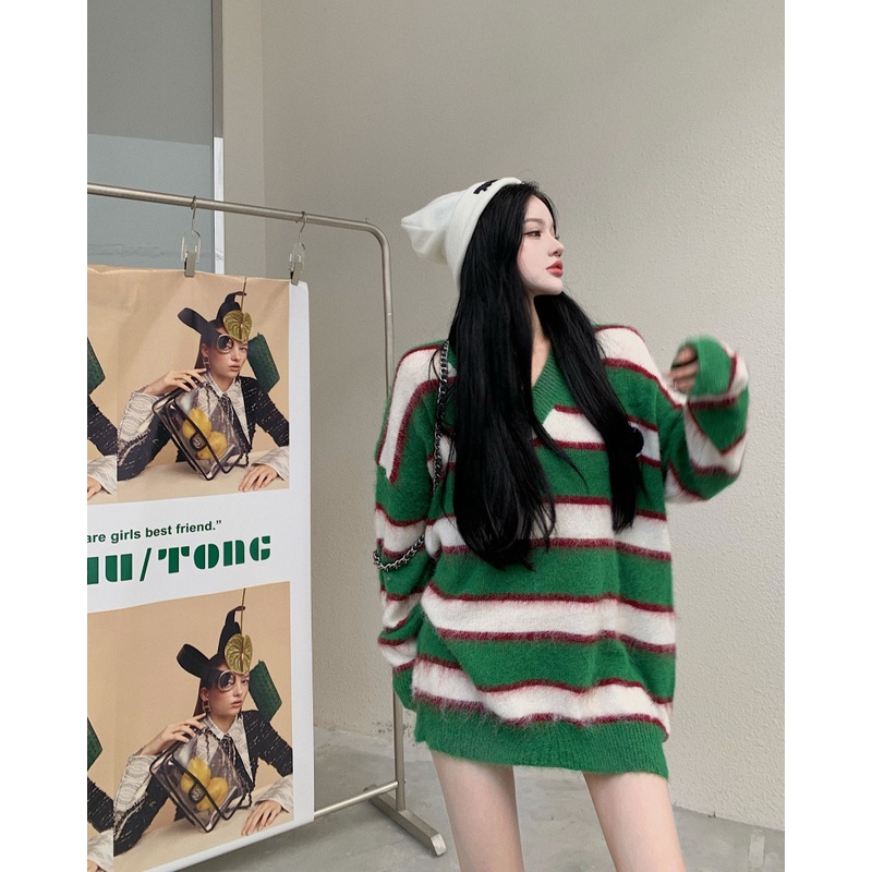 QKOOLE  Áo len dài tay cổ chữ V phong cách Hàn Quốc thời trang cho nữ