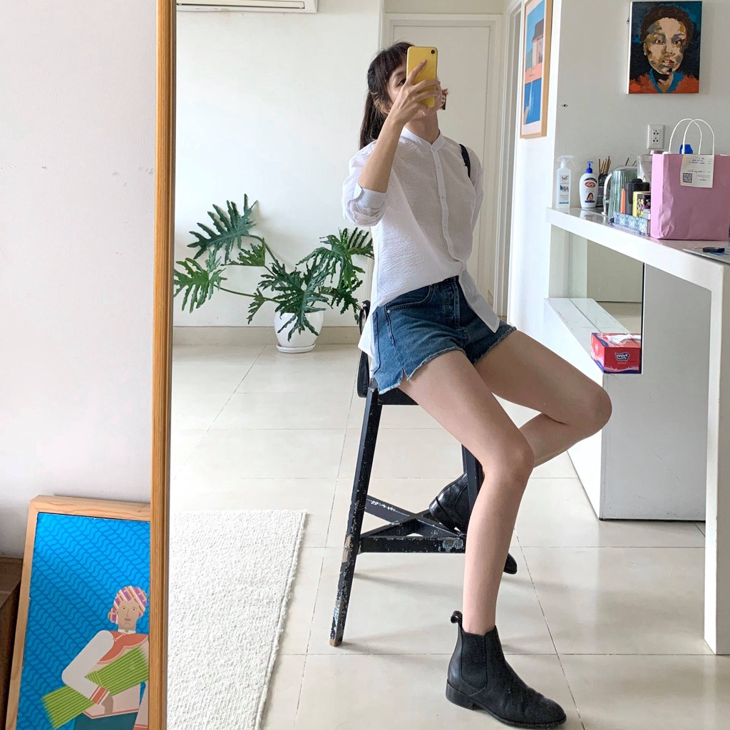 TheBlueTshirt - Quần Shorts Jeans Lưng Cao Nữ - The Shorts You’ve Been Waiting For - Real Blue Wash