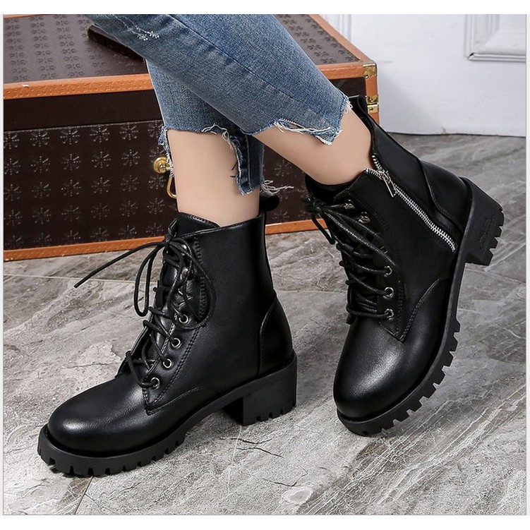 Ảnh thật - Giày boot nữ đế vuông cá tính cao 5cm khóa kéo kết hợp cột dây B145