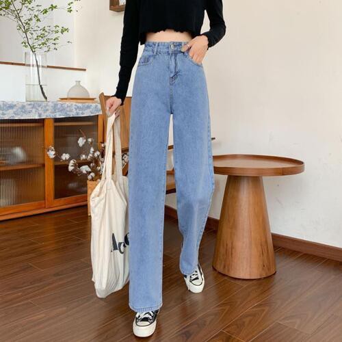 Quần jeans nữ ống rộng dáng suông lưng cao màu xanh nhạt (ảnh thật)