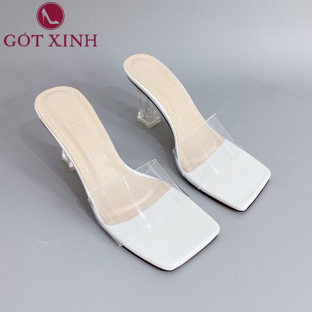 Dép cao gót nữ GÓT XINH D29 mũi vuông quai ngang chất liệu mika trong đế cao 5cm