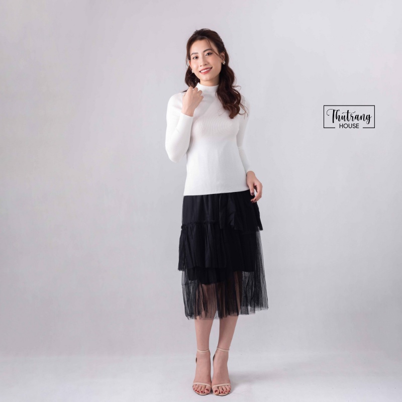 Chân váy dài voan xếp ly màu trắng, đen midi Vintage freesize 79cm 42~62kg, chân váy xếp ly dài công sở