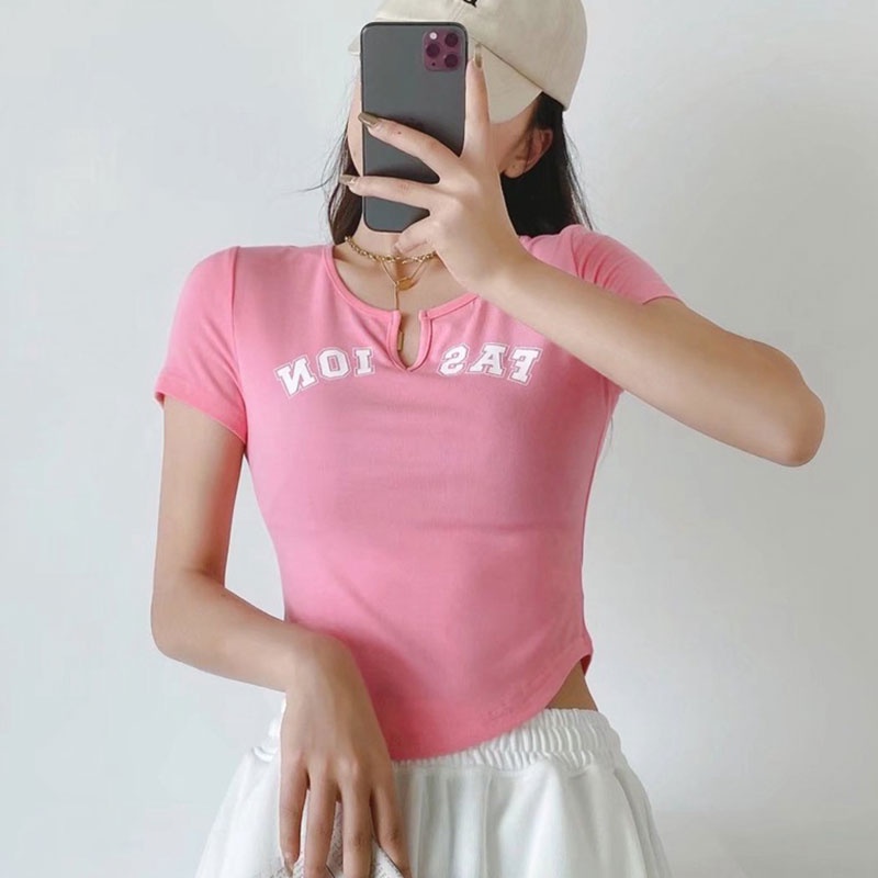 Áo thun YEYA cổ chữ V in chữ đơn giản thời trang cho nữ