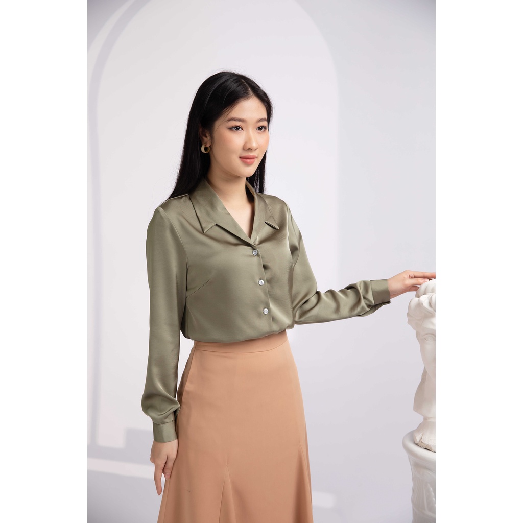 Sơ mi cổ vest tay dài măng sec màu xanh rêu thanh lịch thương hiệu Mozlla mã MLA 08VR