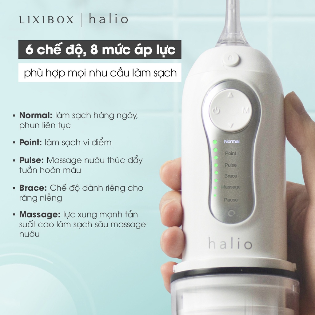 Combo Máy Tăm Nước Cầm Tay 6 Chế Độ Halio Và Set 7 Miếng Dán Trắng Răng