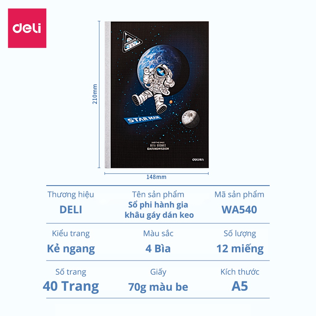 [Mã LIFEDELI1505 giảm 50K đơn 99K] Sổ tay ghi chép Deli dán gáy A5 hình ảnh phi hành gia 40 trang - Nhiều mẫu - WA540