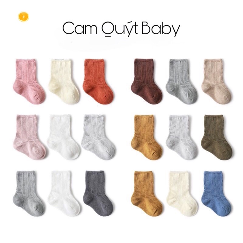 Set 3 Đôi Tất Vớ Trơn Trẻ Em, Tất Giữ Ấm Chân Cho Bé Kiểu Dáng Hàn Quốc