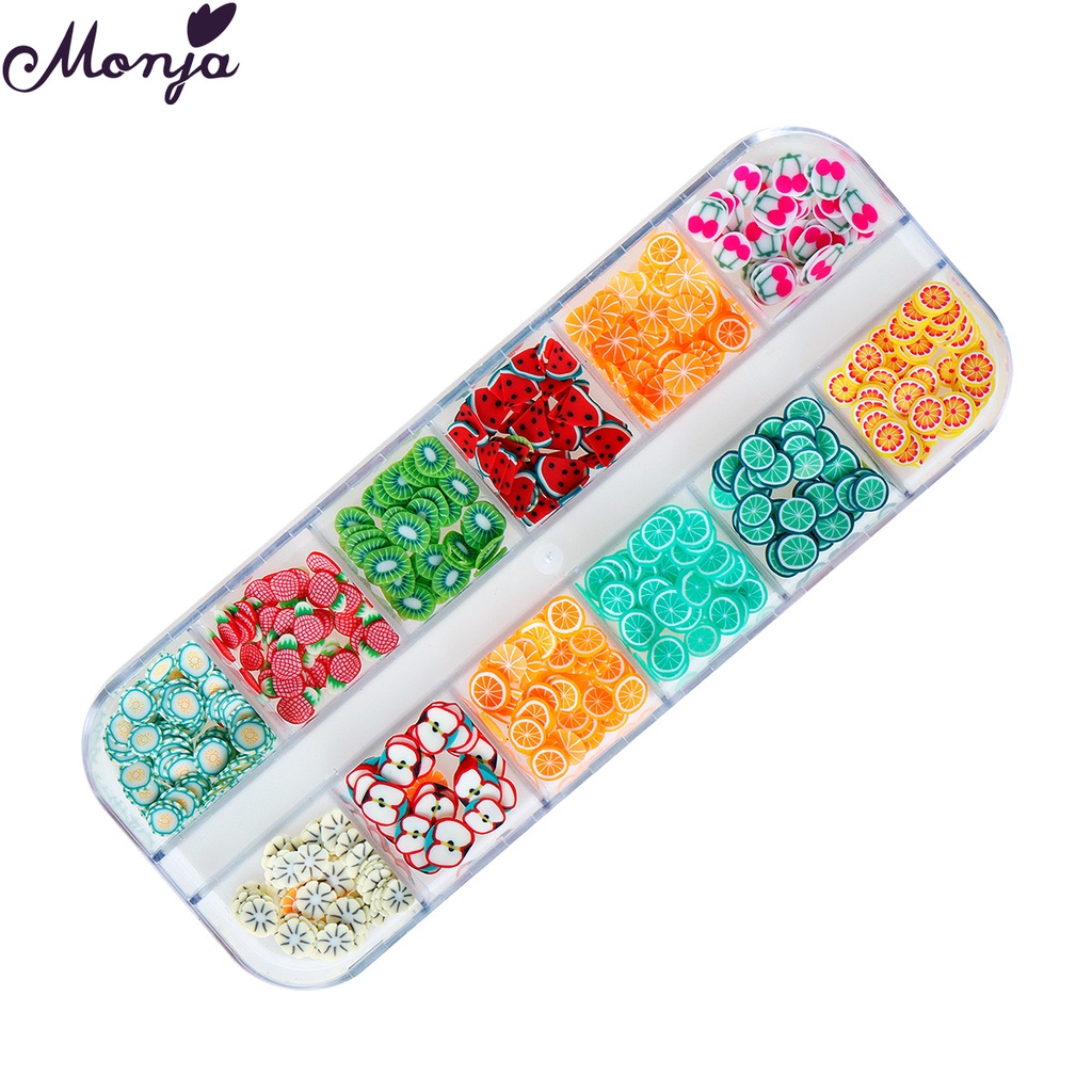 Monja Hộp phụ kiện trang trí móng tay 12 ô hình trái cây 3D DIY dễ thương