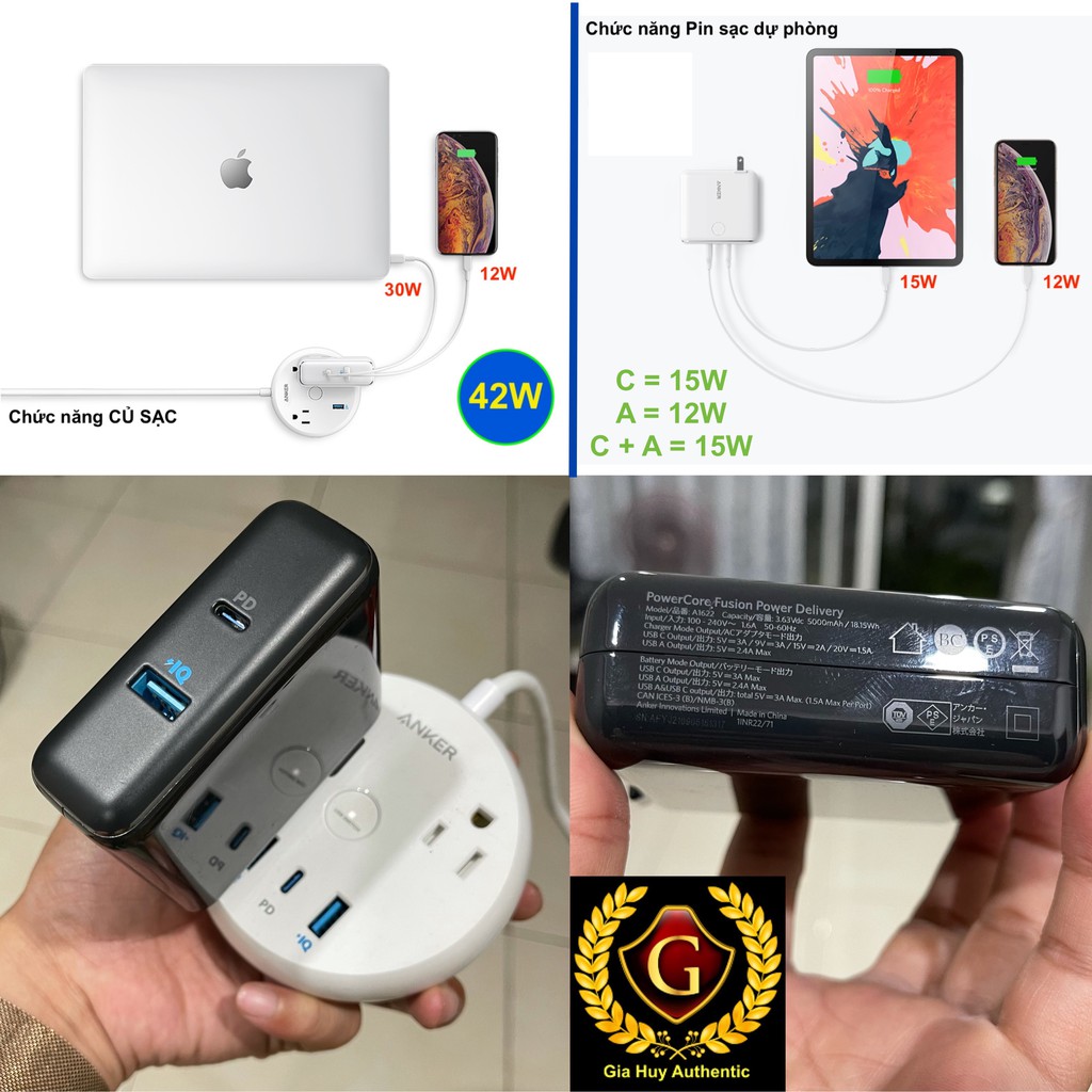 {Used} Củ sạc KIÊM Pin sạc dự phòng ANKER PowerCore Fusion A1622 Power Deivery 30W 5000mAh (1C PD 30W + 1A PiQ 12W)