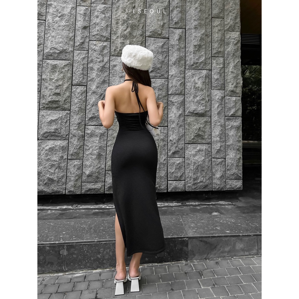 Đầm Body Cổ Yếm Khoét Eo Cách Điệu LSEOUL V1401 Chất Thun Gân Co Dãn Tôn Dáng