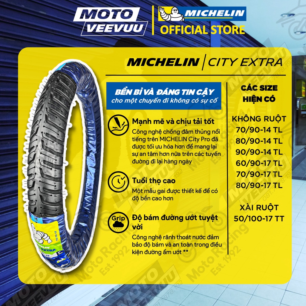 Vỏ lốp xe máy MICHELIN 70/90-14 TL City Extra (Lốp không ruột)