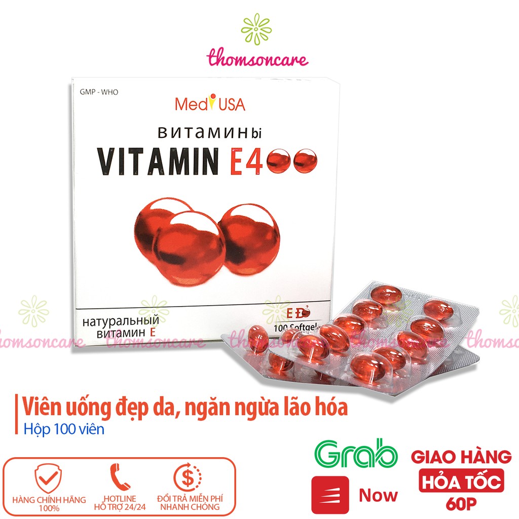 Bổ sung Vitamin E đỏ 400 IU, hỗ trợ làm đẹp da, ngăn ngừa lão hóa, có thêm lô hội, tương tự E đỏ Nga Hộp 100 viên