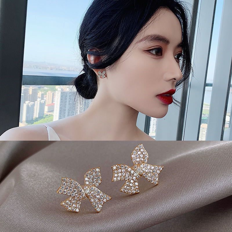 Đôi bông tai hình nơ đính đá giả thời trang dành cho nữ
