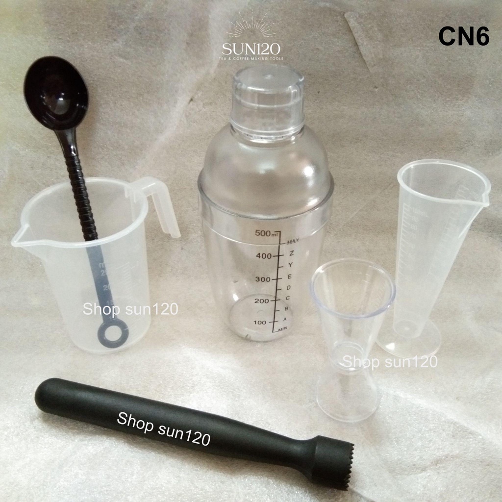 Bộ 6 dụng cụ pha chế trà sữa cocktail CN6 shaker đủ bộ bình lắc 530ml ca đong định lượng