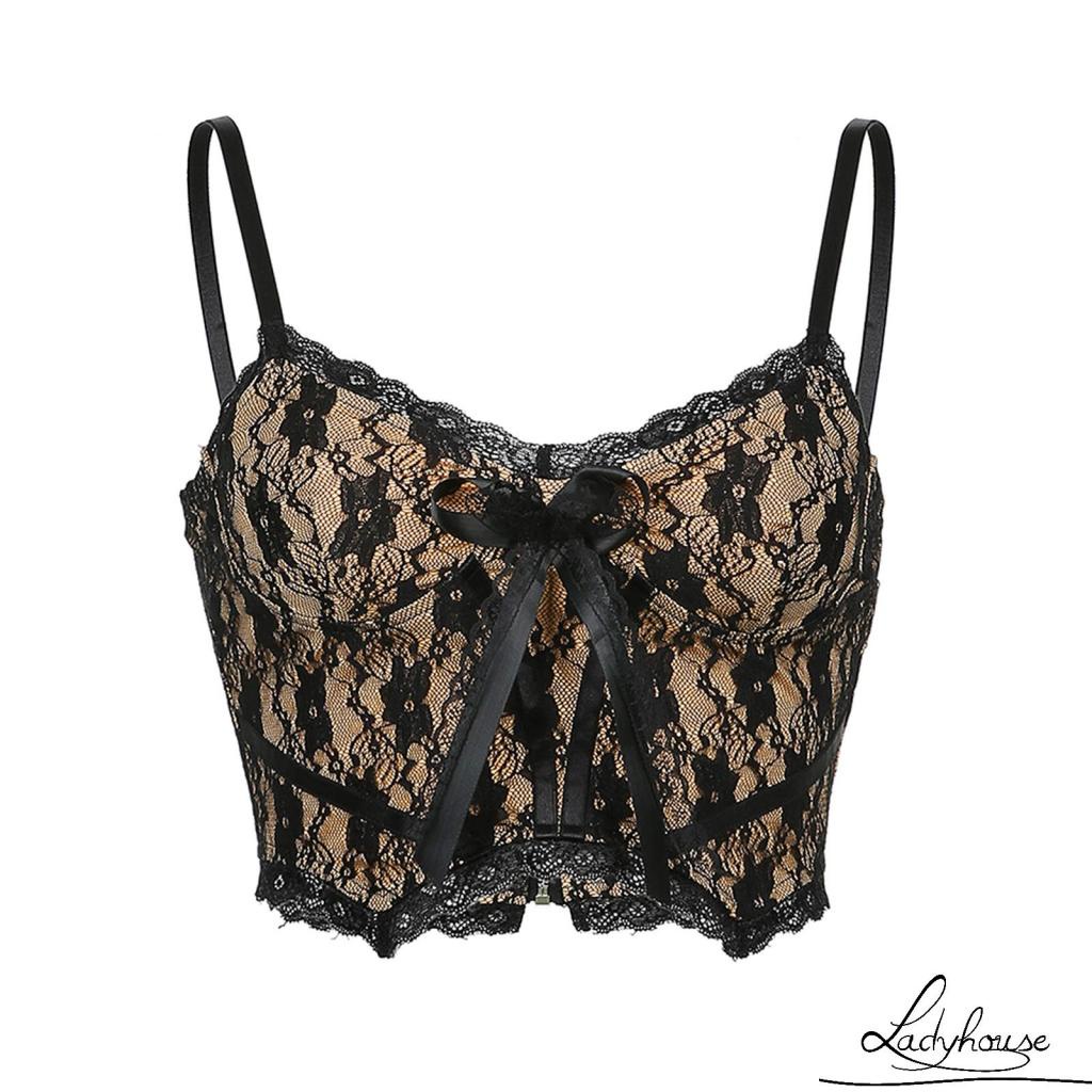 Áo croptop hai dây cổ chữ V phối ren hoa và nơ gợi cảm cho nữ