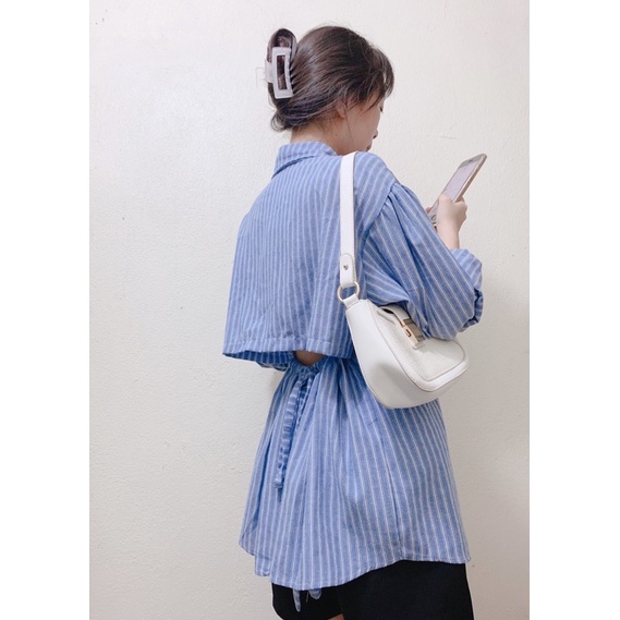 Áo sơ mi kẻ buộc nơ lưng 2 màu xanh đen✅H203