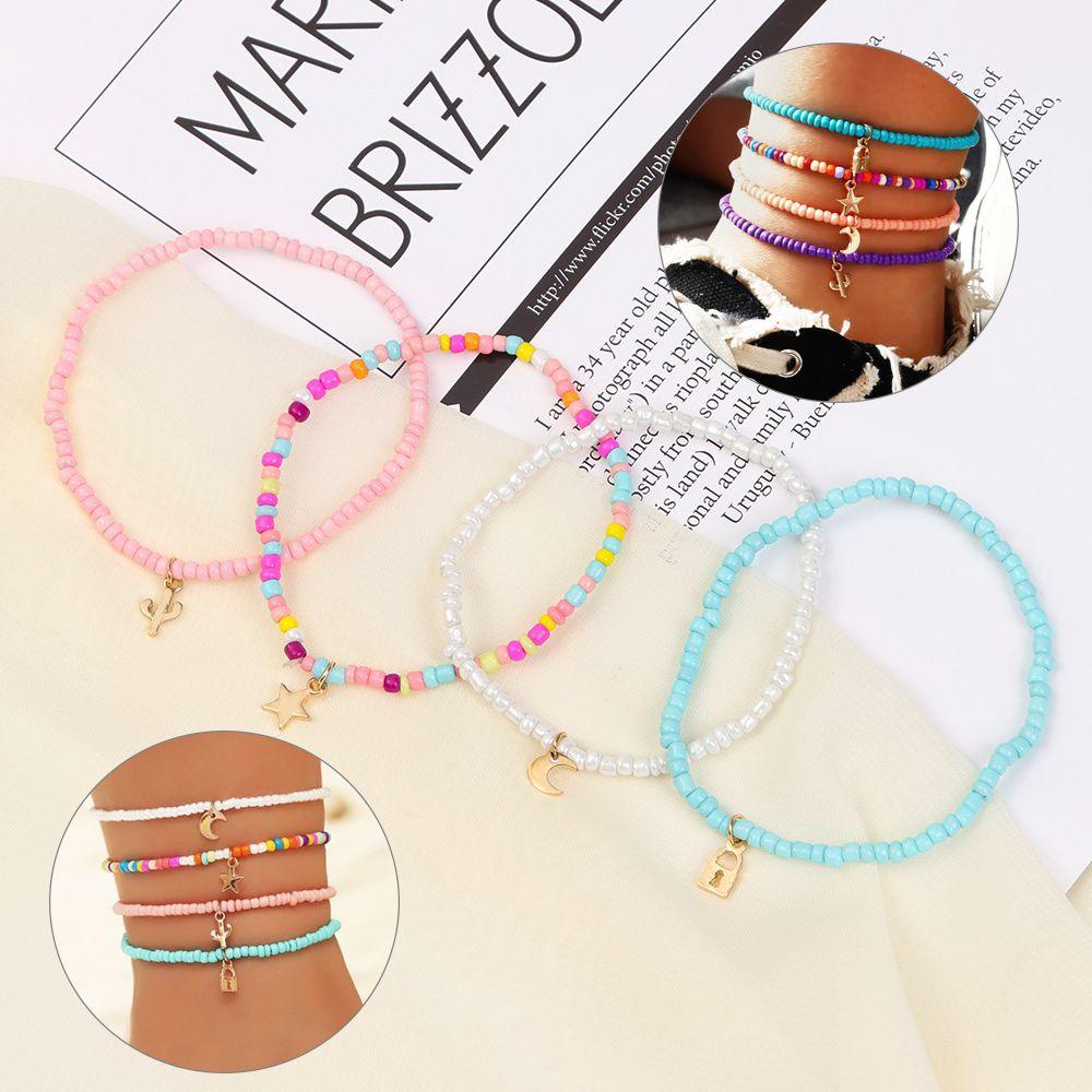 Set 4 Lắc Chân Nhiều Lớp Co Giãn Phong Cách Bohemian Dễ Thương