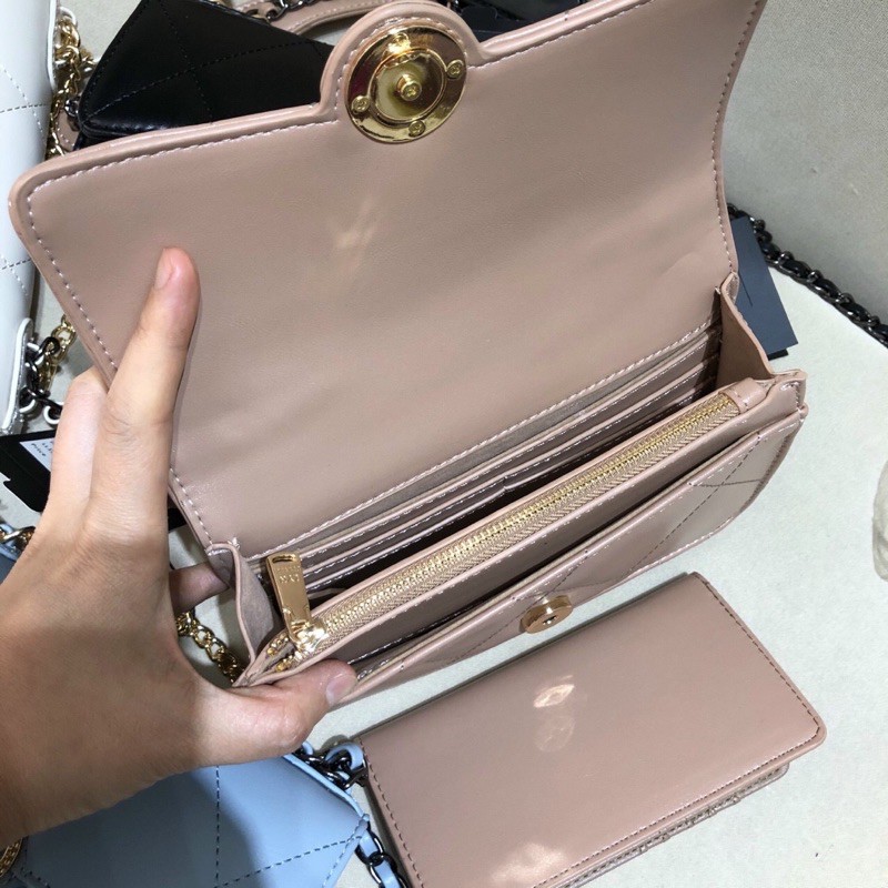 TÚI ĐEO CHÉO NỮ L.Y.N CHẦN Ô TRÁM NHIỀU NGĂN SIZE 19 CÓ KÈM VÍ GẬP DÀI NHIỀU NGĂN ĐỂ THẺ DÂY ĐEO XÍCH PHỐI DA