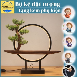 Đèn Led hào quang kết hợp kệ gỗ đặt tượng, thác khói trầm hương đèn Led