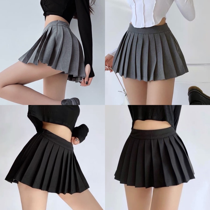 ✅Chân váy xếp ly xoè vạt sau phủ mông XÁM/ĐEN