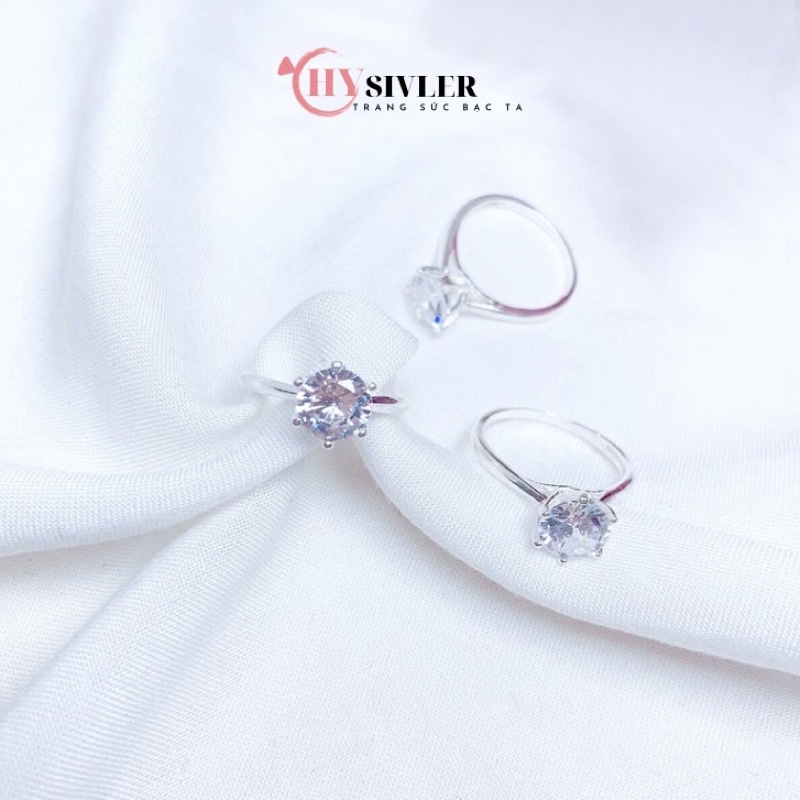Nhẫn bạc ta trơn đá cao đá chủ 7 ly nhẫn cầu hôn nhẫn nữ bạc thật giá rẻ