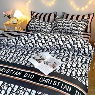 Set 4 món chăn ga gối cotton poly mẫu dior kẻ đen