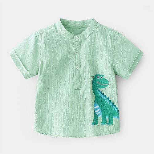 Áo Sơ Mi Bé Trai Chất Đũi Cổ Tàu Hình Khủng Long Áo Cộc Tay Minchu Kids size 10-24 kg