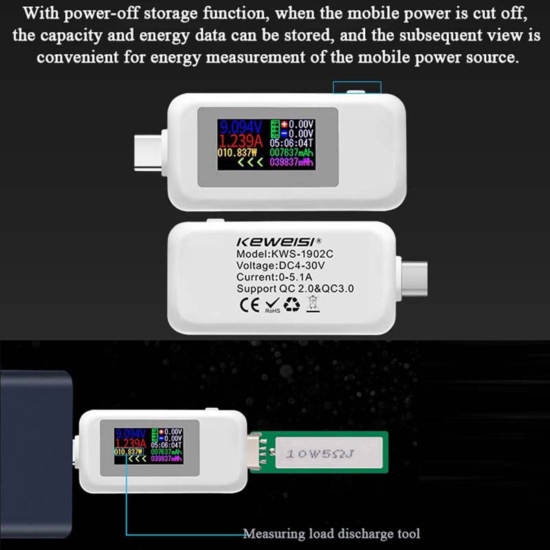 Màn hình màu 10 trong 1 DC Type-C Bộ kiểm tra USB 0-5A Bộ sạc USB điện áp 4-30V hiện tại Bộ đo năng lượng Máy dò pin di động