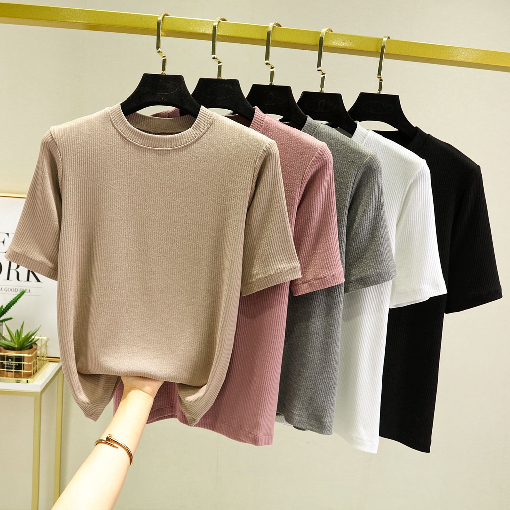 A035 Áo thun nam nữ cổ tròn chất tổ ong cộc tay form rộng Áo phông không cổ ngắn tay be đen trắng nâu rêu xám unisex