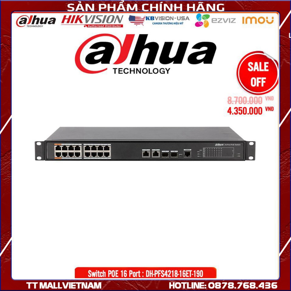 Bộ chuyển đổi Switch PoE 16 Port Dahua PFS4218-16ET-190- Bảo hành chính hãng 18 tháng