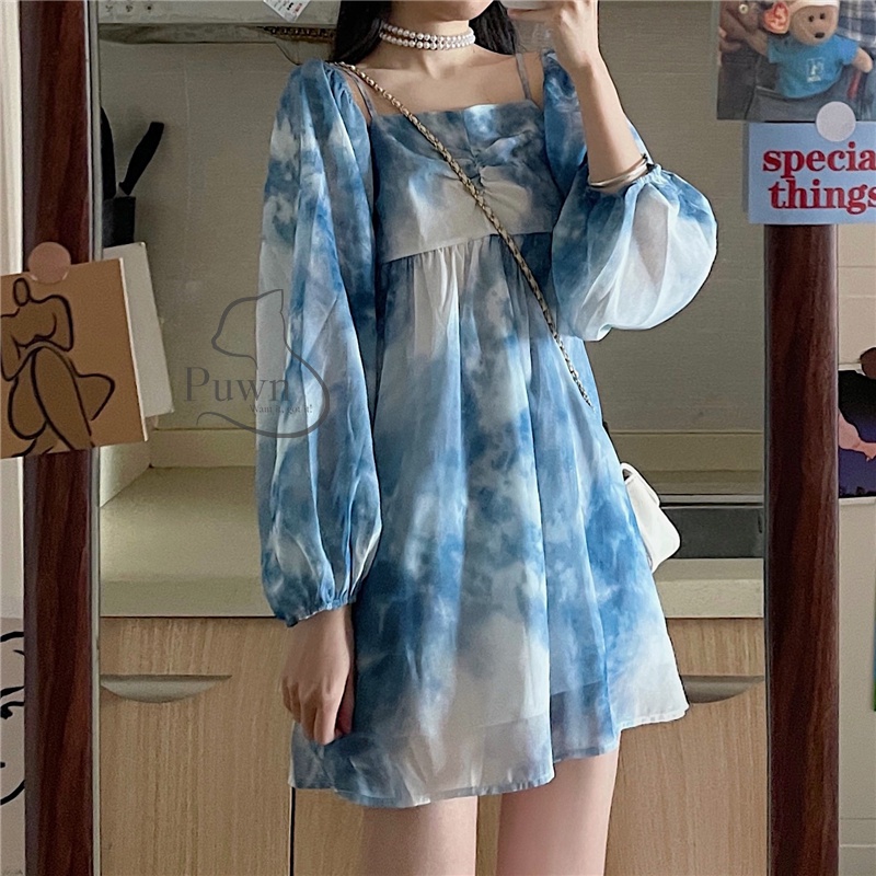 Váy trễ vai voan xanh loang tiểu thư  Puwn Shop