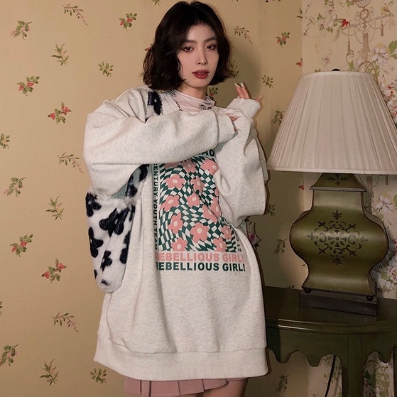Áo thun nỉ ZHELIHANGFEI tay dài dáng rộng in hoa phối họa tiết thời trang dễ phối đồ