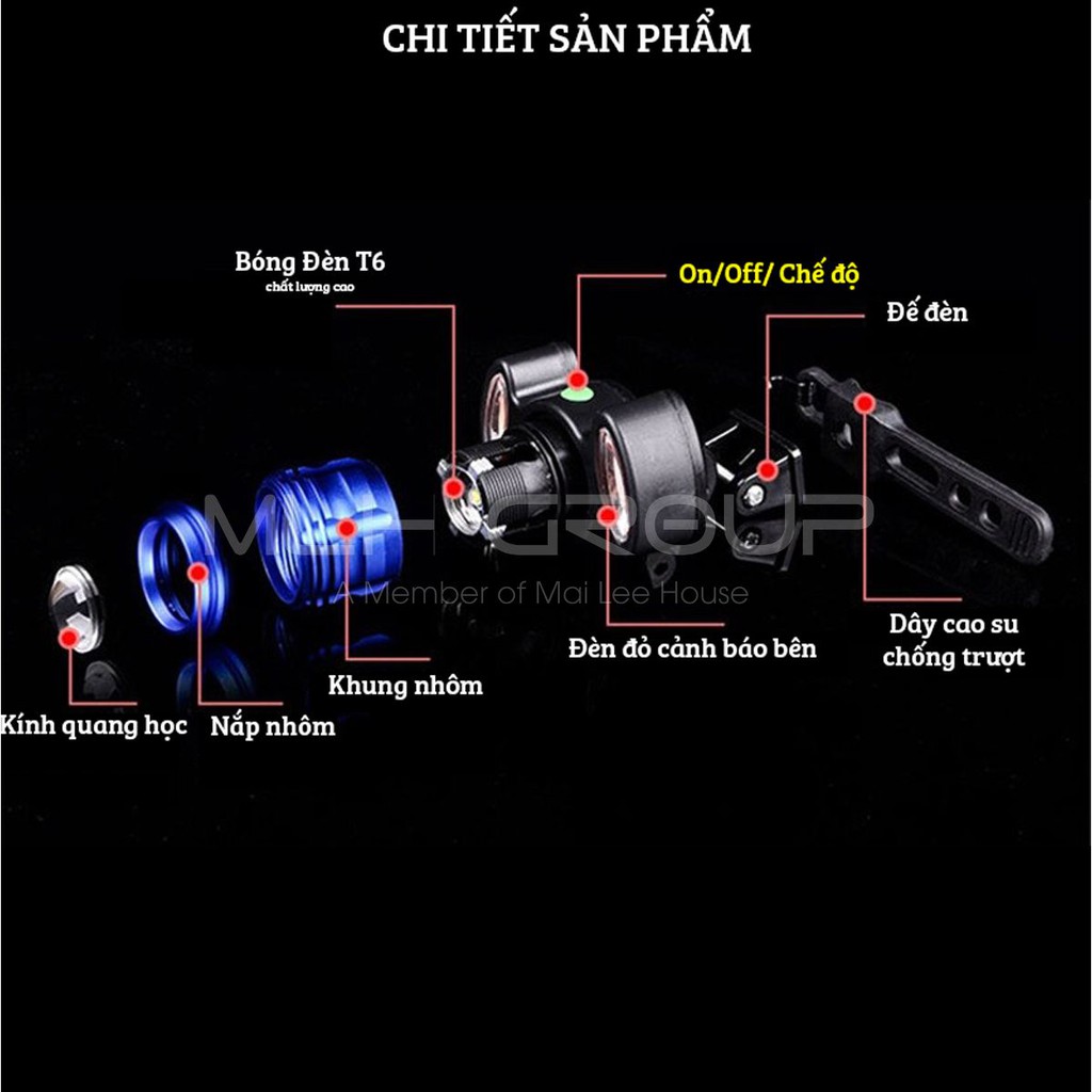 Đèn Đạp, Đèn Pin Xe Đạp T6 Siêu Sáng Gắn Ghi Đông Sạc Điện Micro USB Với 2 Bóng Phụ Màu Đỏ Cảnh Báo An Toàn Ban Đêm MLH