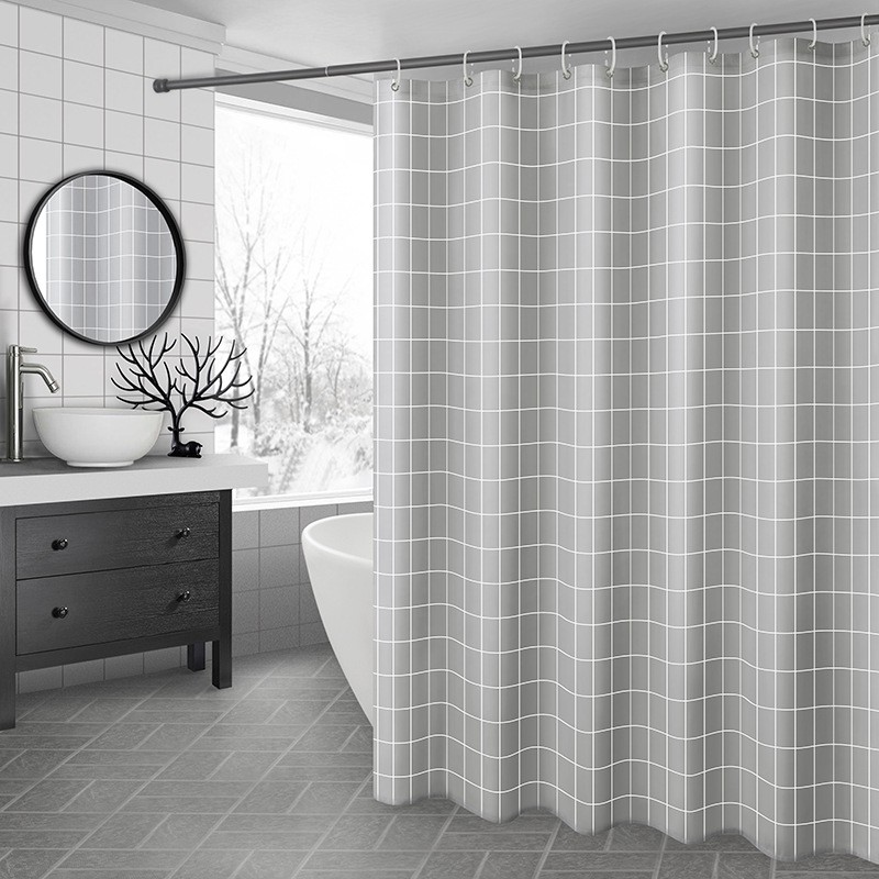 Màu xám sọc ca rô Mosaic Phòng tắm Rèm phòng tắm Polyester Dày Rèm phòng tắm Phòng tắm Rèm tắm không thấm nước Màn tắm bằng lưới (Với 12 cái Móc)