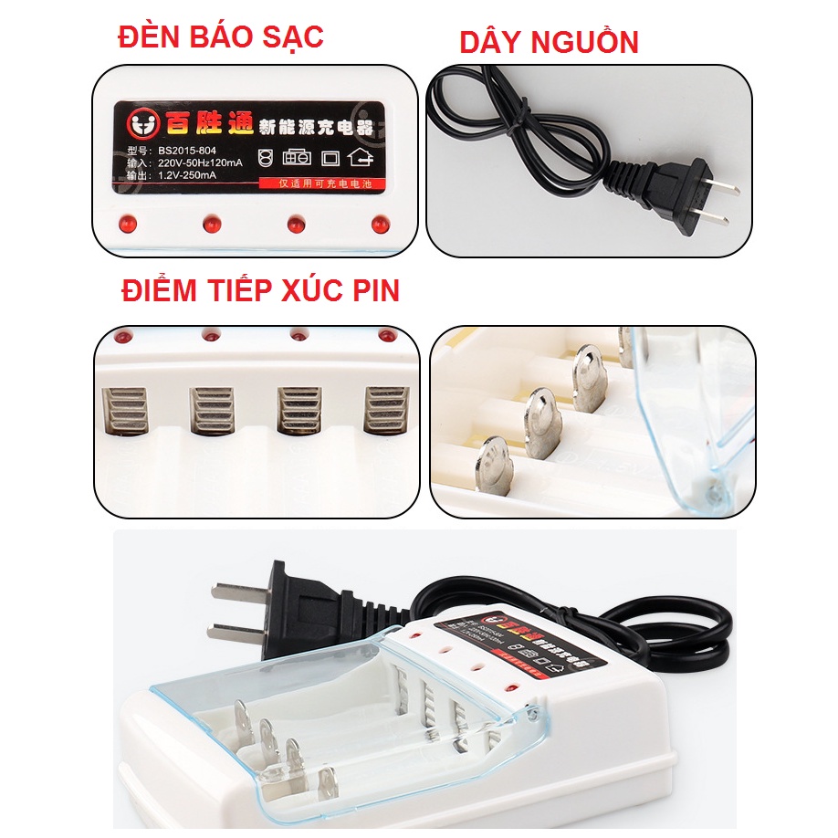 Bộ sạc 4 pin  AA / AAA 1.2v  (pin tiểu / pin con thỏ) cổng vào USB dùng điện 100v - 240v