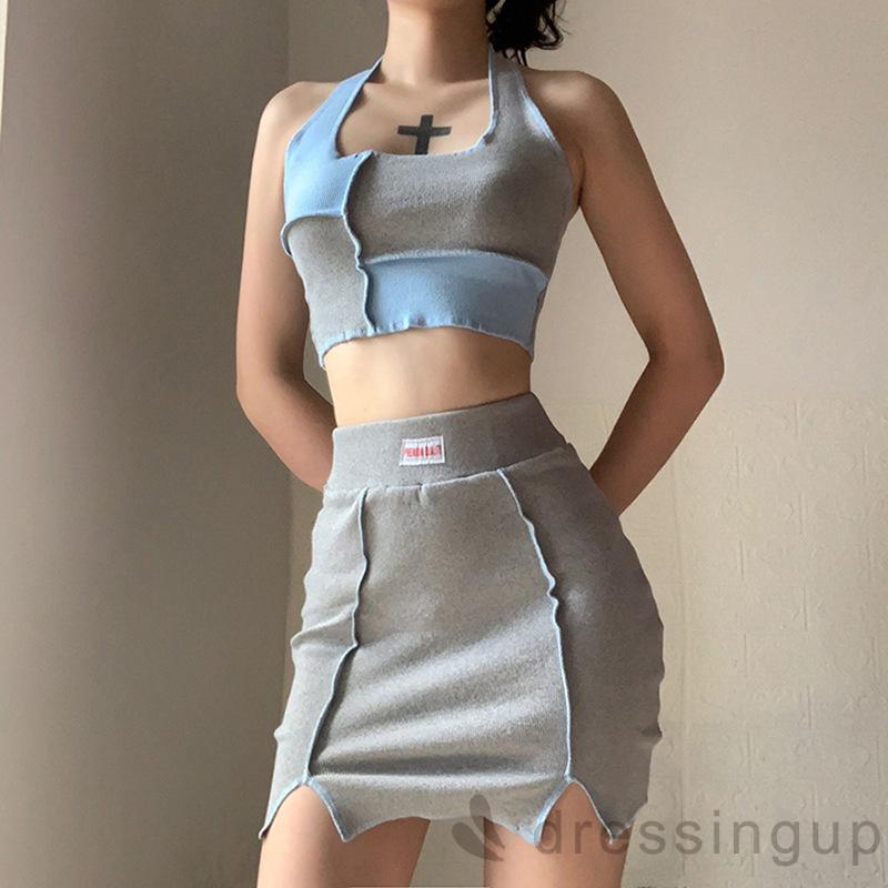 Set Áo Croptop Không Tay + Chân Váy Ngắn Thời Trang Quyến Rũ Dành Cho Nữ
