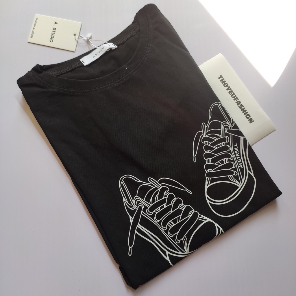 Áo Phông Astudio in đôi giày Nữ Nam, Áo Thun Tay Lỡ Oversize From Rộng Basic Chất Coton Thấm Hút Mồ Hôi