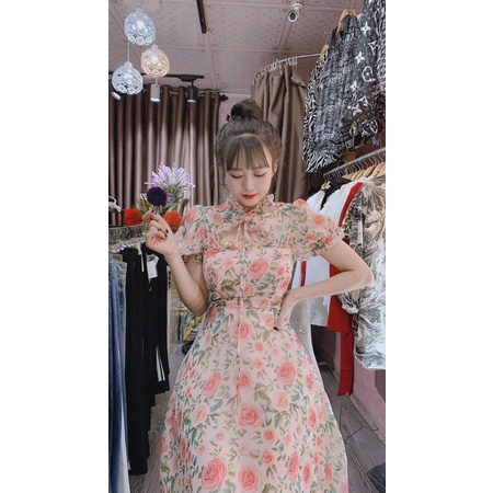 đầm hoa hồng chất voan tơ hai lớp siêu xinh