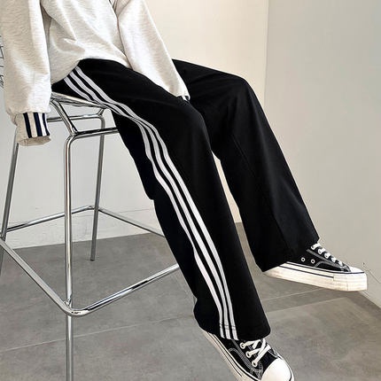 Quần thể thao 3 sọc nữ ống rộng viền kẻ sọc trắng có dây rút kéo unisex vải umi co giãn QN2